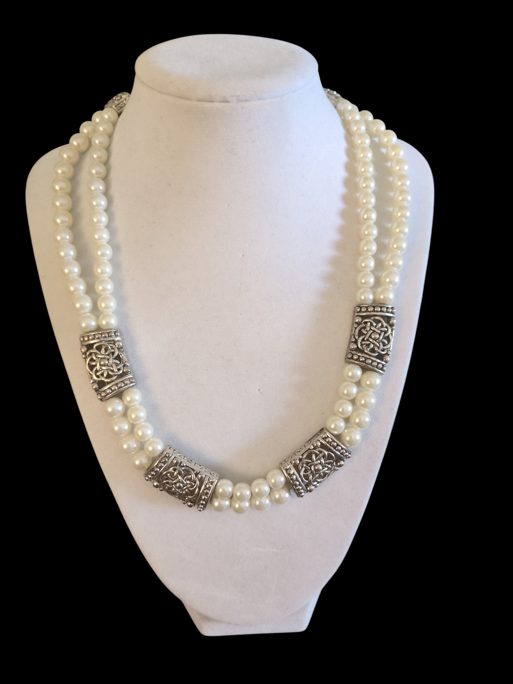 Classic Pearl Double-Strand Necklace with Silver Accents